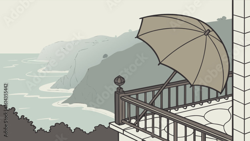 Balcony ocean view umbrella seascape coastal landscape illustration scenic drawing art