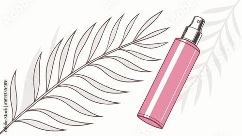 Pink spray bottle mockup with palm leaf for cosmetic product presentation design