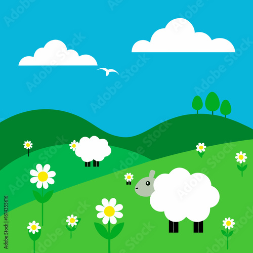 Fluffy sheep grazing in a sunny meadow with daisies