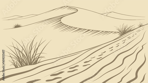 Illustration of desert landscape with sand dunes, footprints, and desert vegetation