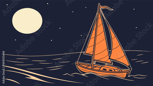 Sailboat sailing at night under the moonlight vector illustration background image art