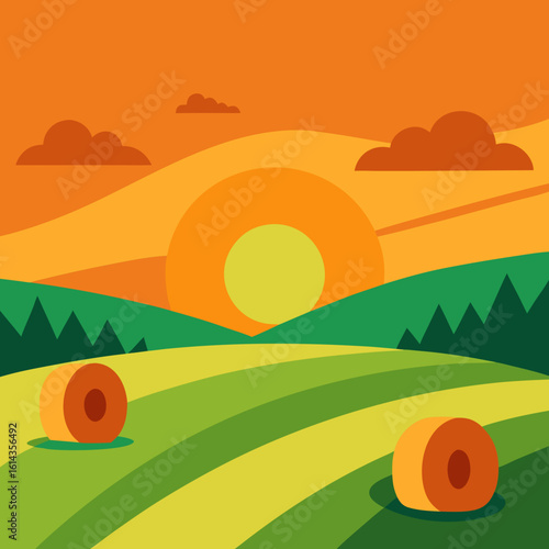 Stylized farm landscape at sunset with hay bales