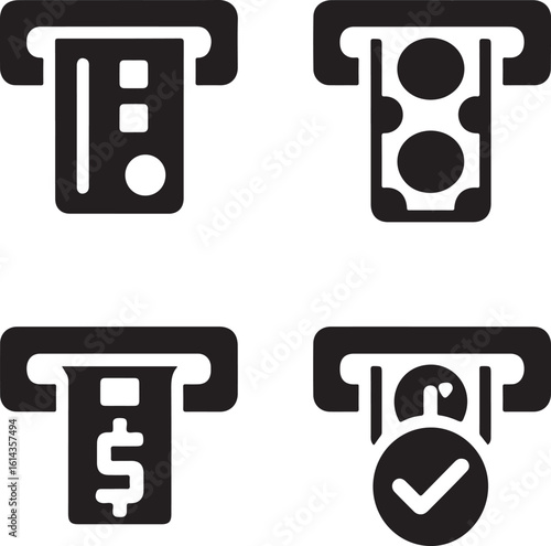 Solid ATM Transaction Icons Money Deposit, Bank Card Insertion, Cash Slot, ATM Machine, and Confirmation Screen Symbols
