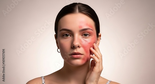 Wallpaper Mural Woman with sunburn on face touching her cheek in front of a neutral backdrop Torontodigital.ca