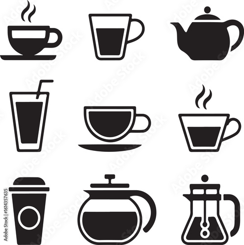 Solid Café Beverage Icons Set Espresso Cup, Latte Mug, Teapot, Cappuccino, Iced Coffee, and French Press Drink Symbols