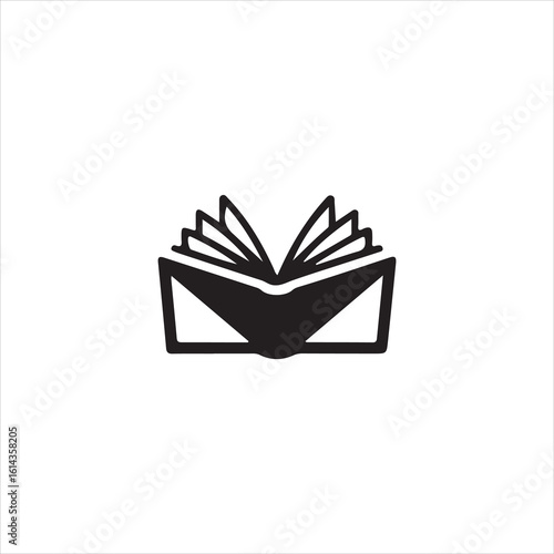 Black open book icon with fanned pages on white background reading literature