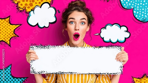Woman holding blank sign pop art style