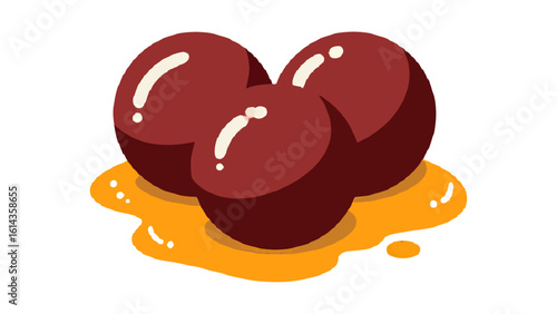 Pixel icon of three deep red sweet balls on orange base, inspired by gulab jamun or meaty fusion snacks, great for ethnic food sheets and festive visuals.