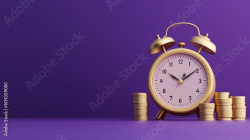 Golden Alarm Clock and Coin Stacks on Purple Background Finance Concept