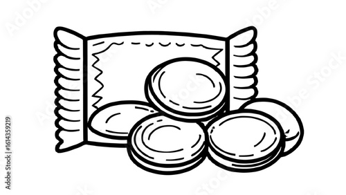Pixel vector icon of packet containing round Indian-style cookies or biscuits, ideal for snack packaging sheets, ethnic branding, and stock food visuals.
