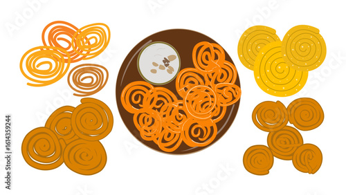 Pixel vector icon of spiral-shaped jalebi served on plate, representing iconic Indian sweet ideal for traditional dessert sheets and festive stock collections.