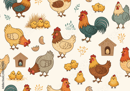 Seamless pattern featuring hand-drawn cute cartoon chickens including hens, roosters, and fluffy chicks with rosy cheeks and textured feathers, plus straw, coop shapes, and cracked eggs on a neutral b