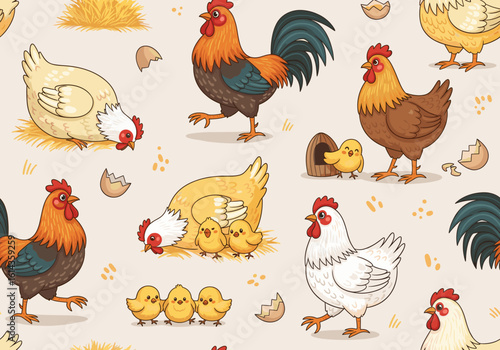 Seamless pattern featuring hand-drawn cute cartoon chickens including hens, roosters, and fluffy chicks with rosy cheeks and textured feathers, plus straw, coop shapes, and cracked eggs on a neutral b