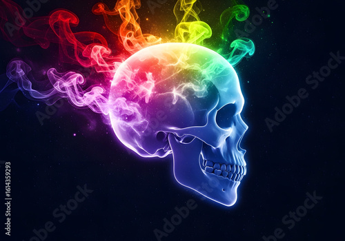 Colorful skull with vibrant rainbow smoke
