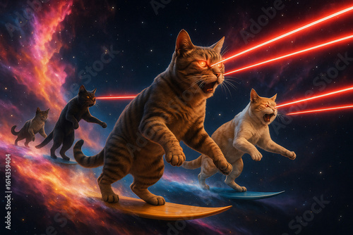 group of heroic cats surfing across a colorful nebula trail, shooting laser beams from their eyes