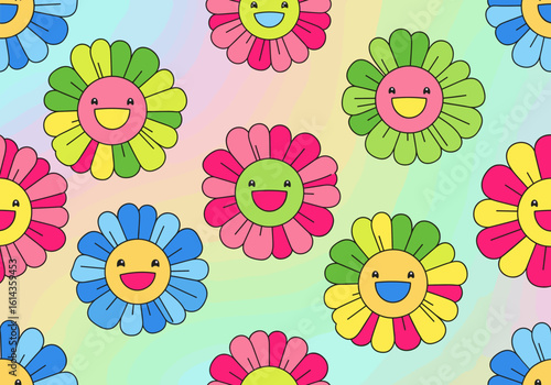 Seamless pattern featuring hand-drawn cute smiling faces at the center of bold cartoon flowers with colorful petals in vivid hot pink, lime green, yellow, and electric blue on pastel or rainbow backgr