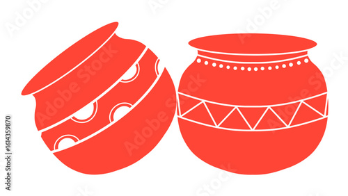 Title Pixel vector icon of traditional Indian clay Matka  pots, one lidded and one open, used for storing water or curd, ideal for cultural icon sheets and ethnic stock assets.
