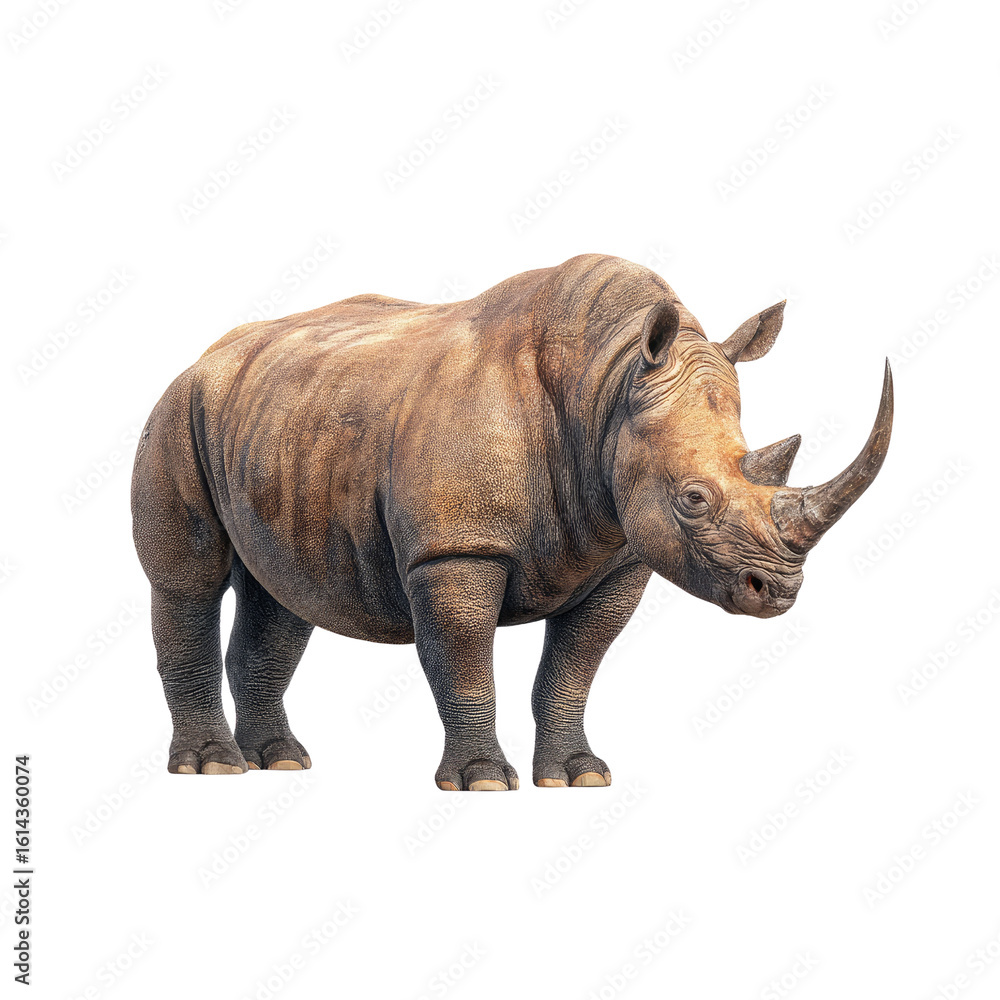 Fototapeta premium Realistic depiction of a rhinoceros standing in a natural environment showcasing its massive size and unique features with detailed texture