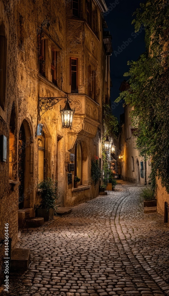 Obraz premium Nighttime cobblestone alleyway, old European town