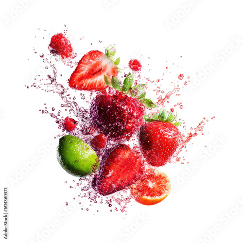 Fresh berries and citrus fruits in a vibrant juice splash
