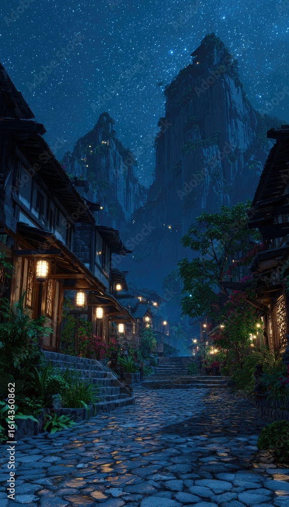 Fototapeta premium Night village nestled in mountains (1)