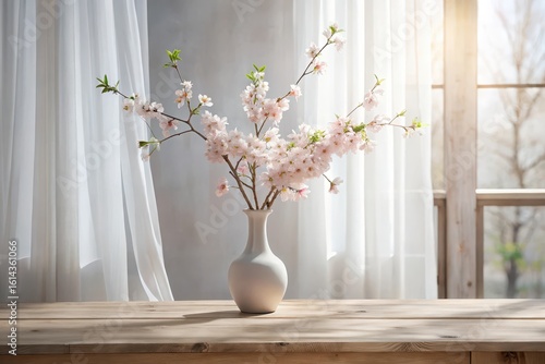 Delicate Spring Blossoms in a Simple Vase on a Wooden Table by Sheer Curtains, Bathed in Sunlight