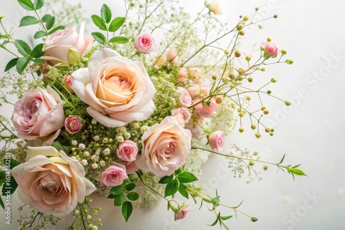A delicate arrangement of blush pink roses and delicate greenery, a charming floral composition perfect for celebrations or adding elegance to any space.