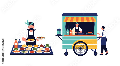 Street food vendors offer delicious cuisine from colorful carts and trays bringing a taste of the city