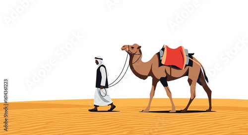 A lone figure guides a camel across a vast arid landscape under a bright sun
