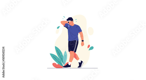 Man feeling tired after intense exercise and wiping sweat from his forehead outdoor in a park healthy lifestyle concept
