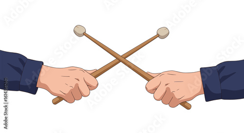 Two hands holding drumsticks crossed together ready for percussion performance rhythm beat musical instrument beat