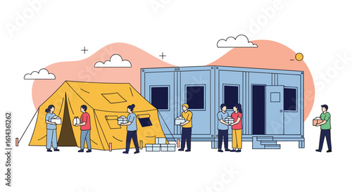 Humanitarian aid distribution and temporary shelter setup in disaster relief operations