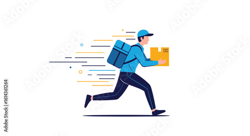 Rapid delivery courier running fast with package and backpack for efficient logistics and parcel distribution services