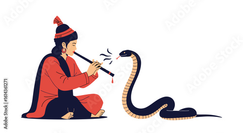 An indian charmer plays a flute coaxing a cobra to rise from its basket during a traditional performance