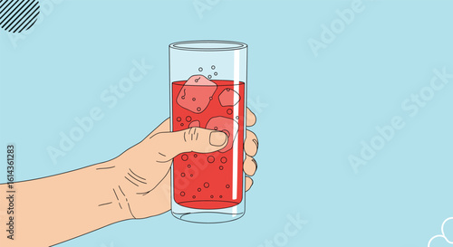 Refreshing red beverage with ice held in hand on a light blue background with abstract shapes
