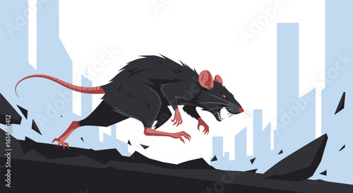 A large dark rodent with pink ears and tail is running through a desolate urban landscape with destroyed buildings under a pale sky