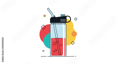Modern geometric design of a refreshing drink bottle with a straw and abstract shapes