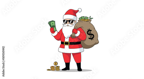 Santa claus holding money and gift bag celebrating holidays and financial prosperity