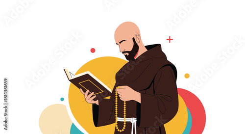 Illustration of a monk reading a book while holding rosary beads with abstract shapes in background