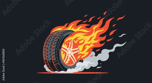 Fiery tire burnout producing smoke and sparks illustration extreme automotive performance racing power driving speed