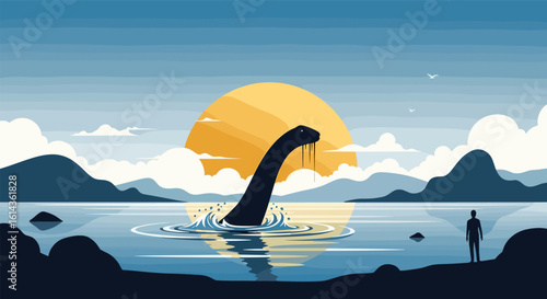 Pixel art mysterious loch ness monster emerges from misty lake beneath bright orange sun with observer