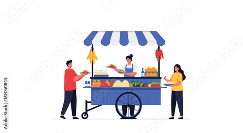 Vibrant street food cart offers delicious meals to happy customers enjoying outdoor dining experience on a sunny day