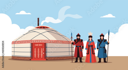 Nomadic warriors guarding a traditional ger on a clear day under a blue sky