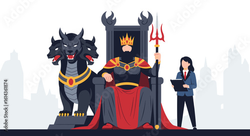 Powerful ruler sitting on throne with fierce three headed dog guard and assistant