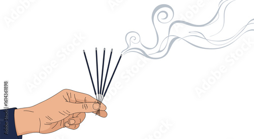 A hand holding burning incense sticks releasing aromatic smoke into the air creating a calming atmosphere