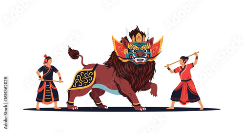 Traditional performance featuring a mythical creature and skilled performers with staffs