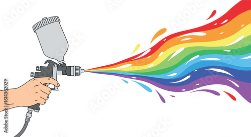 Creative hand holding spray gun producing vibrant rainbow colors in artistic splatter effect on white background