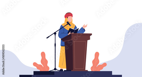 A public speaker delivers an address from a wooden podium with a microphone and a book while standing on a stage with abstract decorations