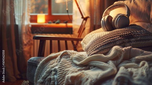 Cozy Headphones on a Knit Blanket in Warm Light