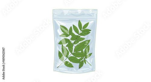 Clear ziplock pouch filled with fresh green plant leaves and petals for natural herbal remedies and aromatherapy